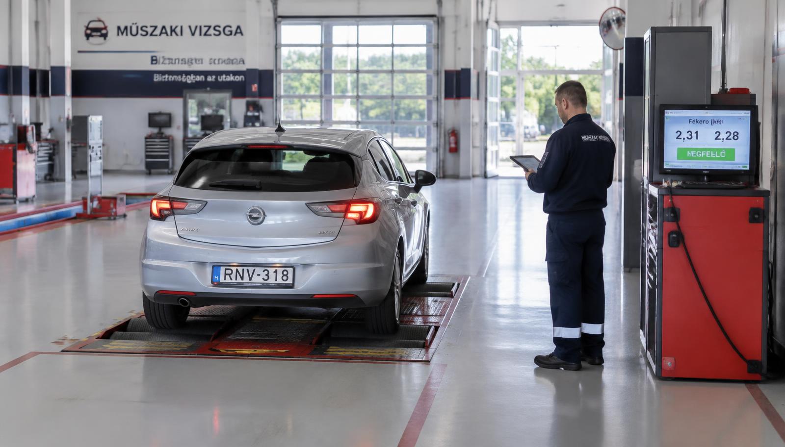 Személyautó a fékpadon a műszaki vizsgaállomáson